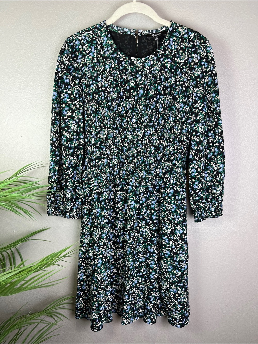 Madewell Black Midi Dress with Blue, Green & White Floral Print Smocked 6